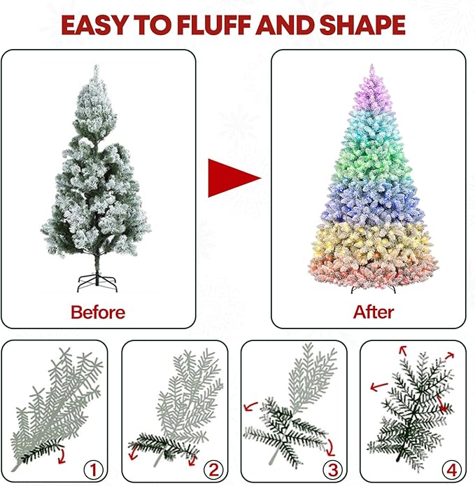 7.5ft Lighted Snow Flocked Christmas Tree with Remote Control, 450 Multi-Color RGB Lights, 1446 PVC Branch Tips, 15 Mode Artificial Hinged Christmas Tree for Home