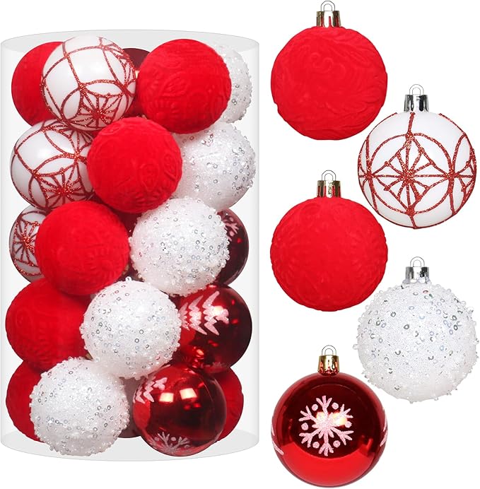 2.36In Velvet Christmas Ball Ornaments, 25PCS Red/White Flocked Christmas Tree Hanging Decorations, for Home Holiday Wedding Indoor Xmas Party Decor.