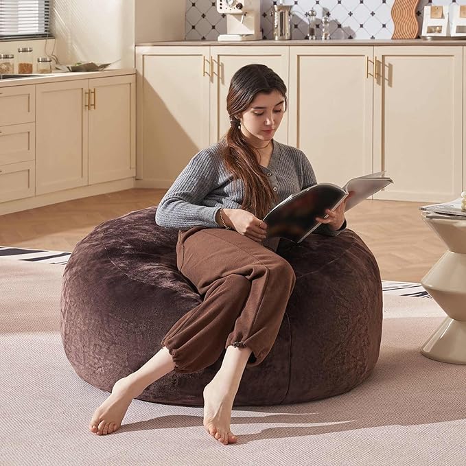 Bean Bag Chair 3Ft, Memory Foam Filled, Large Beanbag Chairs for Adults and Teens, Soft Sofa with Removable Flannel Cover, Round Couch for Living Room Bedroom College Dorm (Brown, 3FT-36×36"×24")