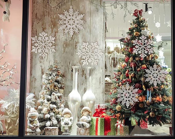 6pcs Large White Snowflakes Ornaments 12” Big Plastic Glitter Snowflake for Winter Indoor Outdoor Christmas Tree Window Room Decorations Giant Craft Snowflakes