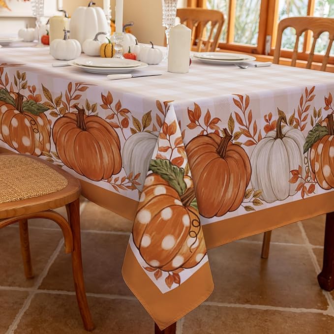 Romanstile Fall Tablecloth Rectangle, Thanksgiving Autumn Harvest Pumpkin Buffalo Plaid Table Cloth, Stain Resistant Washable Table Cover for Party/Dining/Holiday- Orange Checkered, 60x 120 Inch