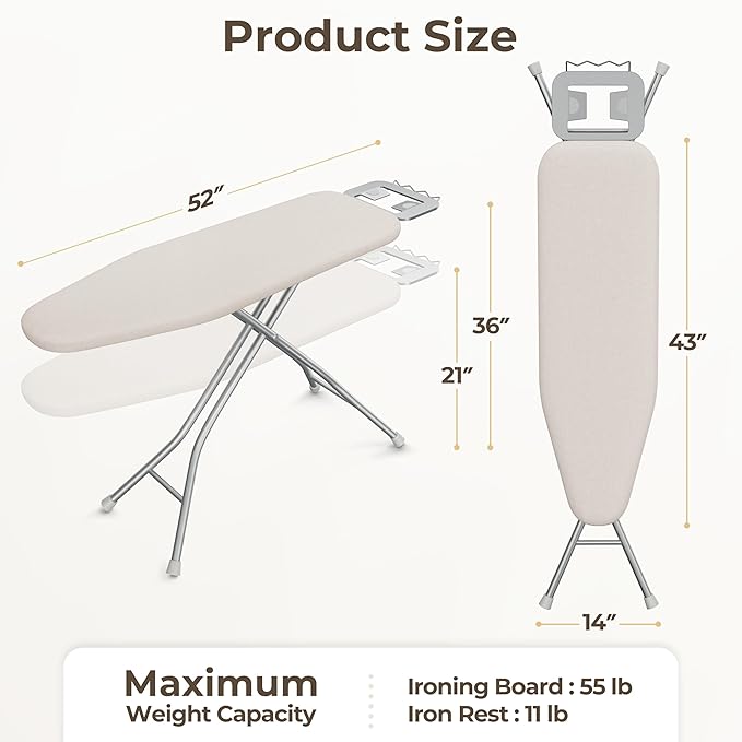 Yaheetech Foldable Ironing Board, Heavy Duty Iron Board with 9 Adjustable Heights, 4 Layer Cover and Safety Iron Rest, 52X14 Compact and Space Save Iron Board for Home Laundry Room Use, Beige