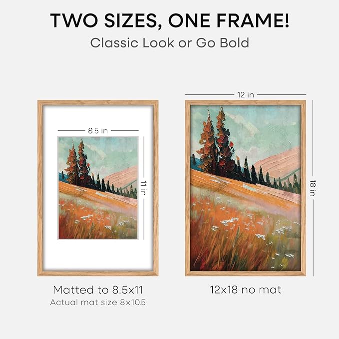 Homeforia 12x18 Picture Frame Wood, High End Natural Oak 12x18 Light Wooden Poster Frame with Mat 8.5x11, 12 x 18 Frames Matted to 8.5 by 11 Photo, 18x12 Thin Frame, Tempered Glass, Wall Kit, Set of 1