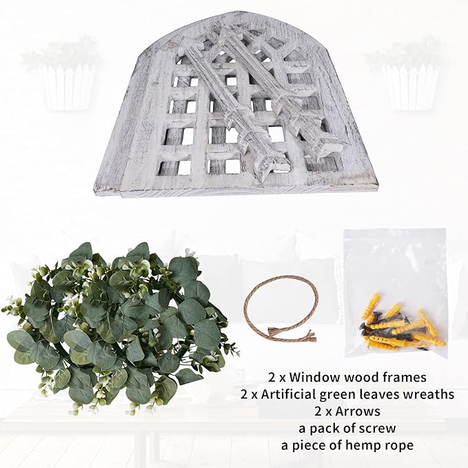 Rustic Wood Window Frame with Green Wreath and Arrows Wall Decor,Farmhouse Window Frame Hanging Decor, Wooden Fake Decoration,Window Pane Wall Decor,Set of 2 (windows white)