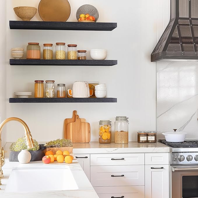 BAYKA Floating Shelves for Wall, 36 inches Long Wall Mounted Rustic Wood Shelves for Bathroom, Bedroom, Living Room, for Books/Storage/Decor with 30lbs Capacity๏ผBlack,Set of 3