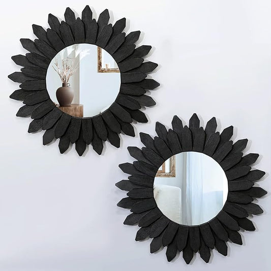 Honiway Boho Wall Decor Mirrors for Wall 2 Pack 12 inch Wood Decorative Mirror for Room Decor Rustic Farmhouse Mirror for Bedroom Bathroom Living Room Kitchen Black