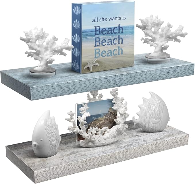 Sorbus Floating Shelf — Hanging Wall Shelves Decoration — Perfect Trophy Display, Photo Frames — Extra Long 24 Inch (Rectangle Shelf Set - Blue White)