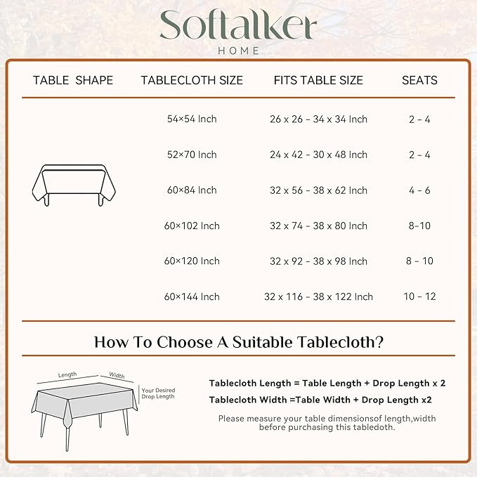Softalker Fall Jacquard Rectangle Tablecloth, Thanksgiving Pumpkins Waterproof Table Cloth, Autumn Harvest Washable Table Cover for Holiday, Dining, Party Decor, 60 x 102 Inch