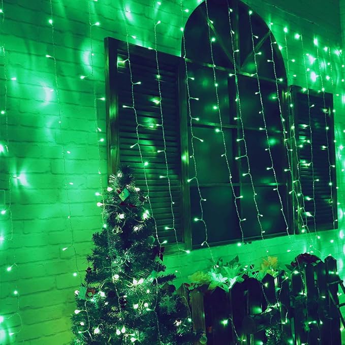 HEYFUNi Fiee Curtain Lights,304L 9.8ftX9.8ft 30V 8Modes Safety Window Lights with Memory for Home Wedding Christmas Party Patio Lawn Garden Bedroom Outdoor Indoor Wall Decorations (304LED, Green)