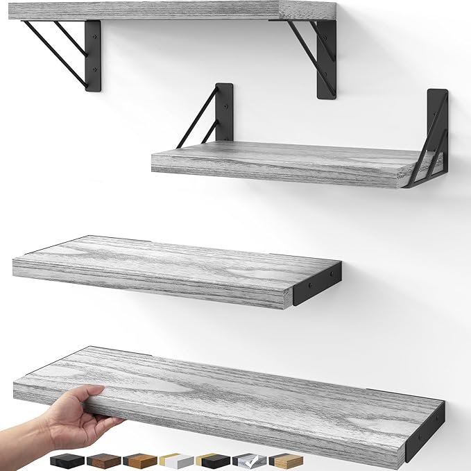 BAYKA Wall Shelves for Bedroom Decor, Floating Wall Shelves for Living Room Kitchen Storage, Wall Mounted Rustic Wood Floating Shelves for Kids Books, Corner Shelf for Bathroom(Gray White,Set of 4)