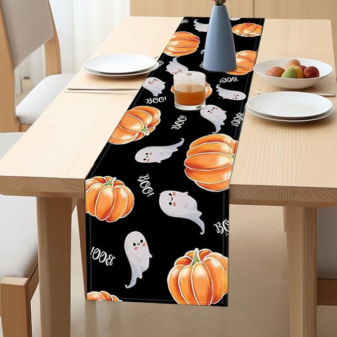 Halloween Table Runner Spooky Ghost Pumpkin Table Runner for Home Party Holiday Indoor Outdoor Table Decoration Halloween Table Decoration Kitchen Dining Table Decor 13 x 72 Inch (Black)
