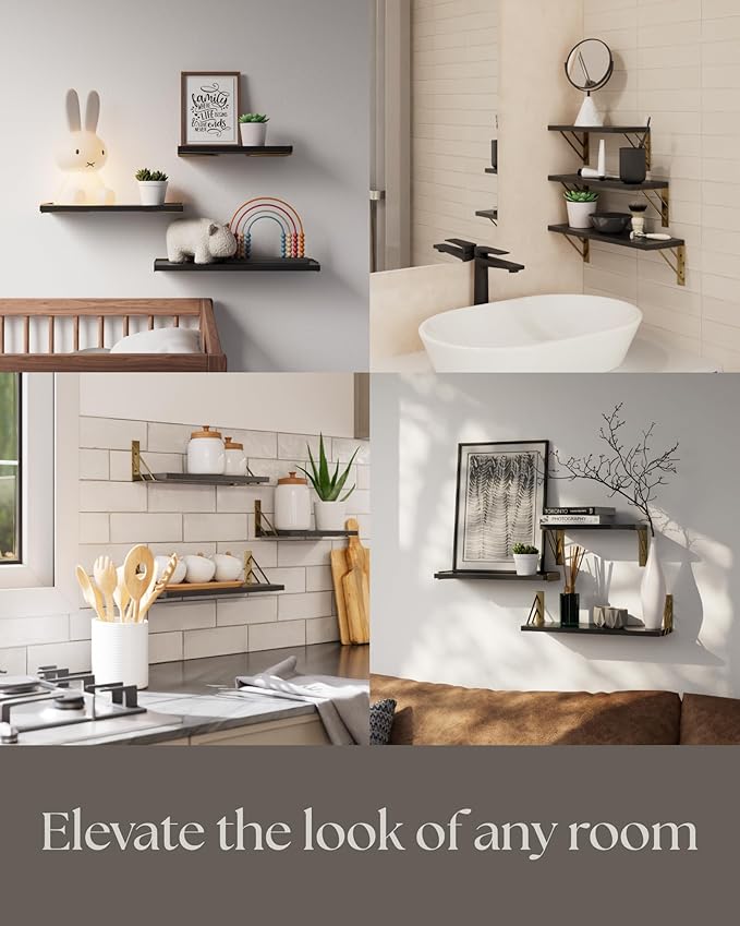 BAYKA Wall Shelves for Bedroom Decor, Floating Wall Shelves for Living Room Kitchen Storage, Wall Mounted Rustic Wood Floating Shelves for Kids Books, Corner Shelves for Bathroom, Office(Set of 3)