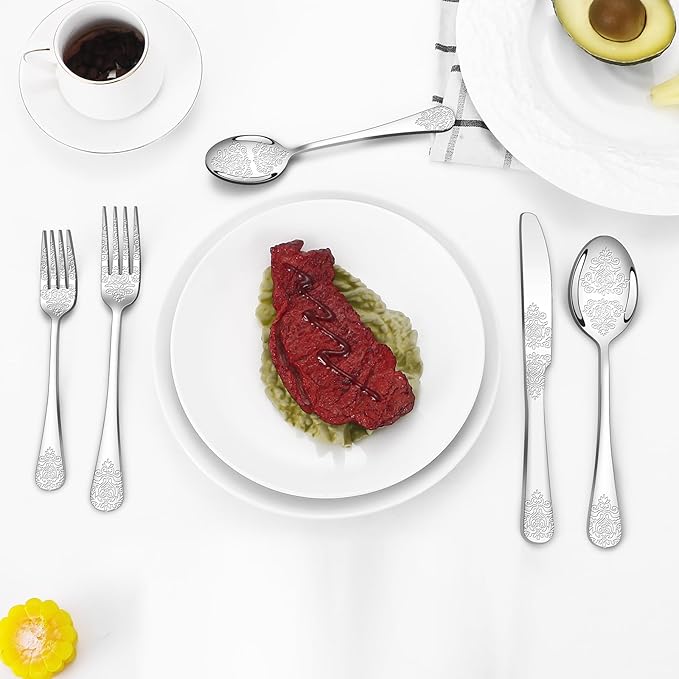 20 Pcs Silverware Set for 4 with Classical Flower Embossed Design, Food Grade Stainless Steel Flatware Set, Eating Utensils Sets Include Fork/Knife/Spoon, Reusable Cutlery Set, Dishwasher Safe