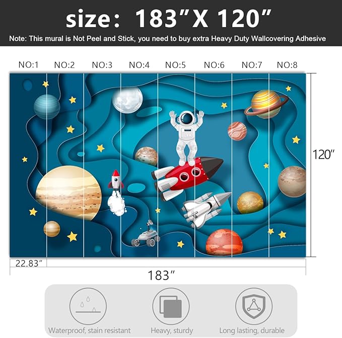 '-Kindergarten Children Galactic Planet Fabric Wallpaper Living Room Bedroom Boys Girls Children Cartoon Astronauts Large Mural- 183"x120"( not Peel and Stick)