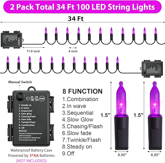 Halloween Purple Lights Decorations, 2 Pack 17FT 100 LED Mini Fairy Lights Battery Operated with 8 Modes Timer Waterproof for Indoor Outdoor Use, Patio Tree Holiday Party Halloween Decor