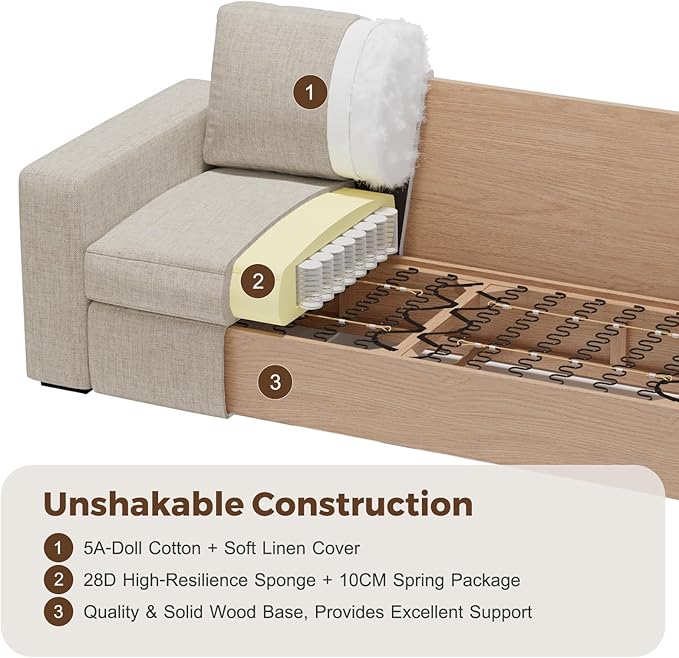 112" L Shaped Sectional Sofa with Detachable Sofa Cover, Reversible Sectional Modular Couch for Living Room, Linen Fabric Corner Couch with 7 Seats, Oatmeal