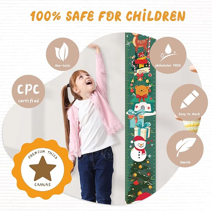 Personalized Name Growth Chart Wall Decor for Kids – Canvas Removable Height Chart Measuring Ruler 59" x 7.9" (Christmas Deer)