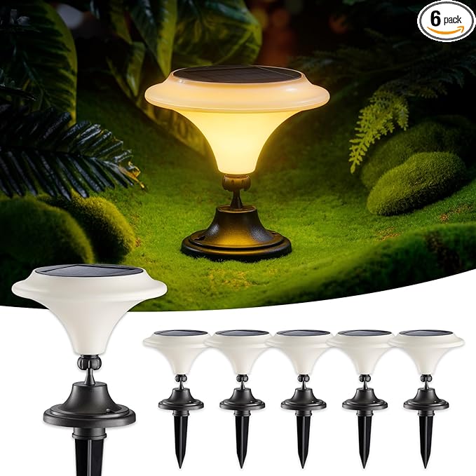 Solar Table Lights Outdoor, 6 Pack Classic Martini-Shaped Lanterns with Base & Ground Stakes, Waterproof LED Solar Powered Decorative Lights for Patio Table Garden Path (Warm White)