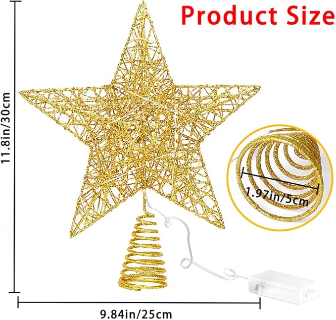11.8 Inch LED Star Tree Topper - Gold Metal Ornament with 20 Lights for Christmas Tree Decoration