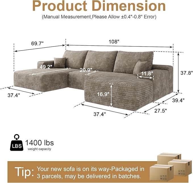108" Sectional Couches for Living Room Modern Modular Sofa with L-Shape Couchs Upholstered Boneless Couch Deep Seat Sectional Couch with Chaise (Camel, Left Facing Chaise+2Seaters+1Ottoman)