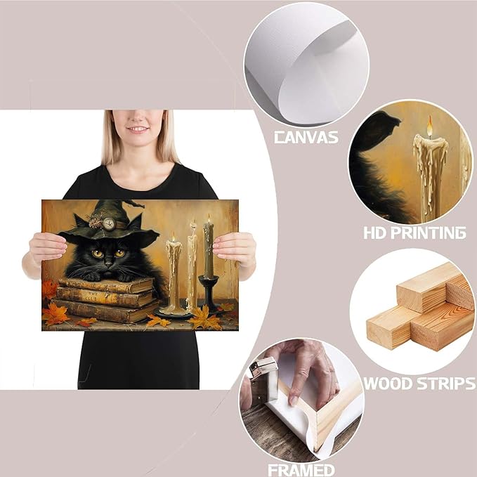 Vintage Halloween wall decoration black cat and magic book suitable for home bedroom living room decoration dark classic art witch wall decoration12x16in Wood Framed