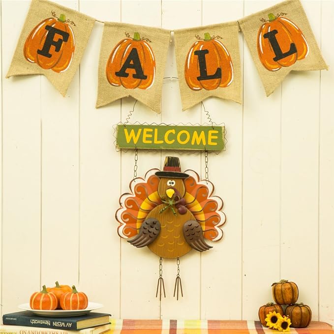 Glitzhome 17.91" H Metal Wooden Turkey Welcome Sign, Thanksgiving Turkey Wall Hanging Decor with Welcome Sign for Indoor Outdoor Decoration