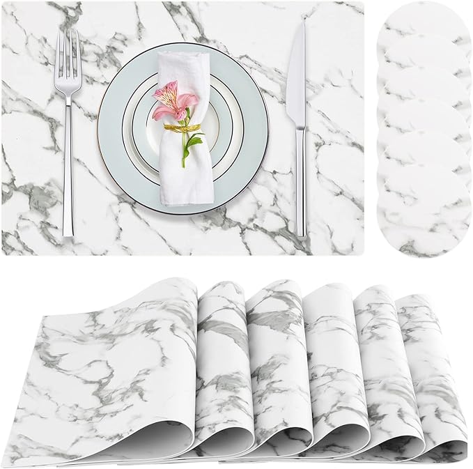 Faux Leather Placemats Set of 6,Heat Resistant Placemats for Dining Table, Easy Clean Non-Slip Place Mats, Waterproof Stain Resistant Wipeable Washable PU Table Mats, (Marble)