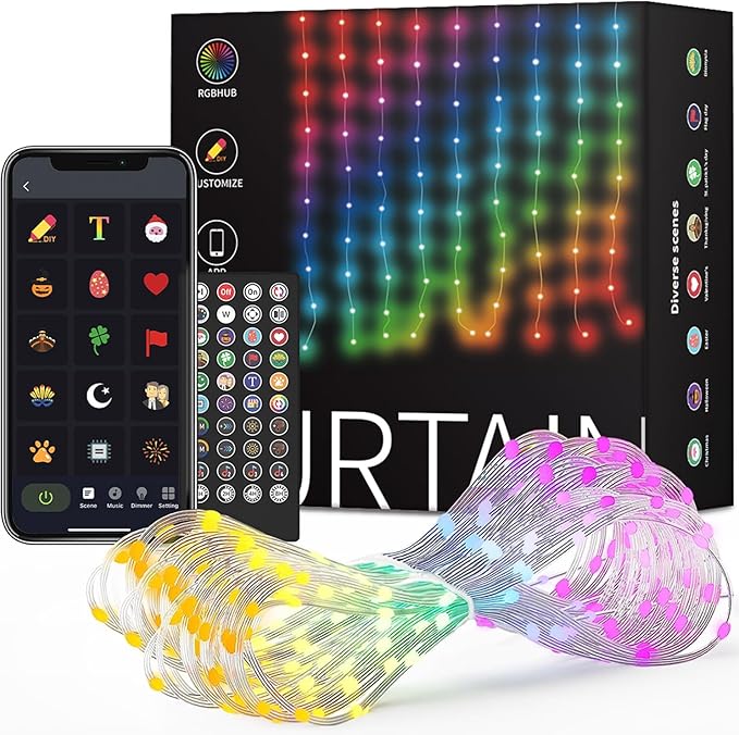 Amposei Smart Curtain Lights, Smart LED Curtain String Lights Outdoor, 540 LEDs Christmas Lights, Dynamic DIY Light, Music Sync Color Changing Fairy Lights with APP Remote Control for Backdrop Bedroom