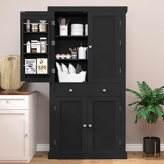 usikey 72” Kitchen Pantry Cabinet, Tall Storage Cabinet with 4 Doors and 1 Drawer, Freestanding Cupboard with 6 Hanging Shelves and Adjustable Shelves for Kitchen, Dining Room,Living Room, Black