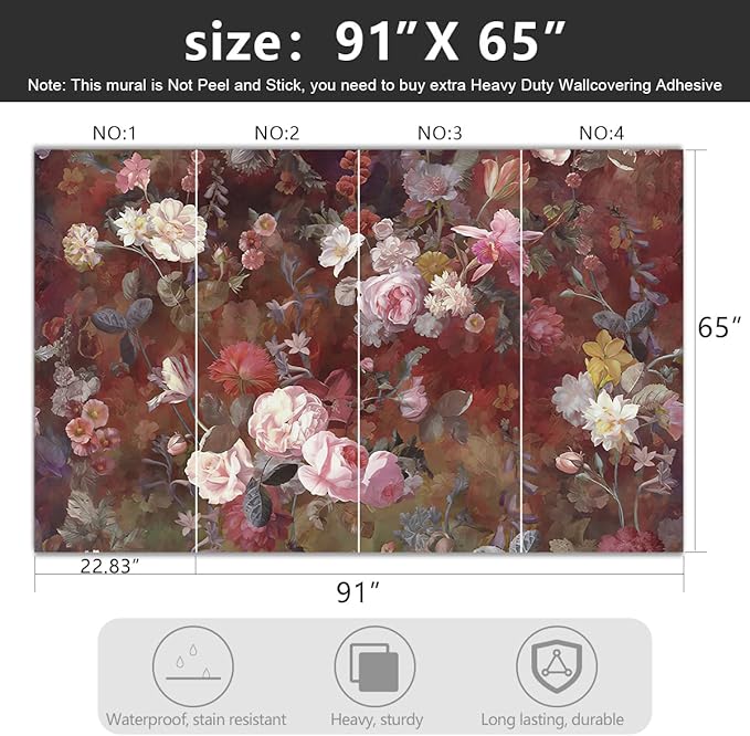 '-Vintage Roses Floral Fabric Wallpaper Living Room Bedroom Bathroom Flowers Wall Mural- 91"x65"( not Peel and Stick)