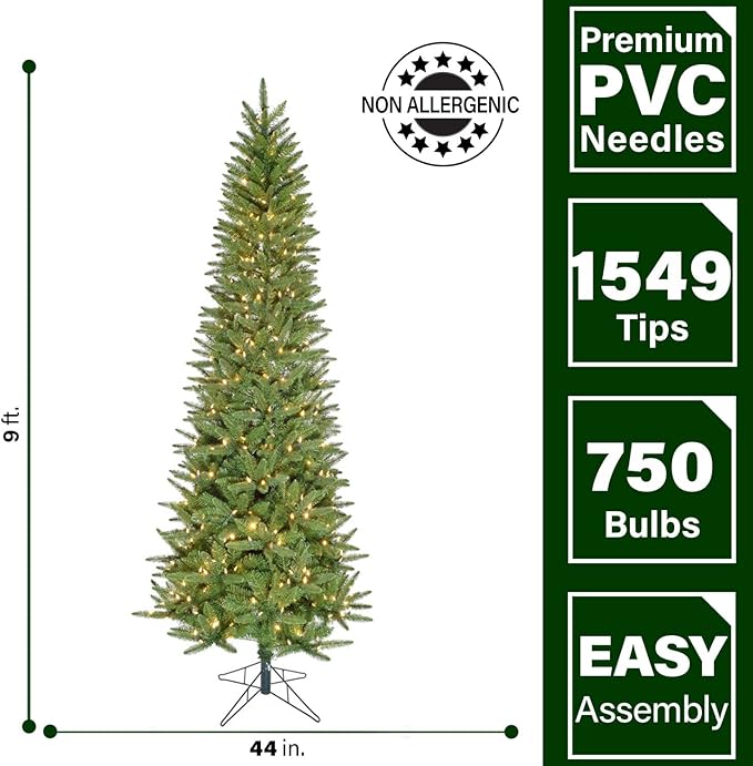 Fraser Hill Farm 9-Ft. Winter Falls Artificial Christmas Tree with Warm White LED Lights and Metal Base, Slim Holiday Tree with 8 Unique Light Functions, Perfect for Small Spaces and Apartments