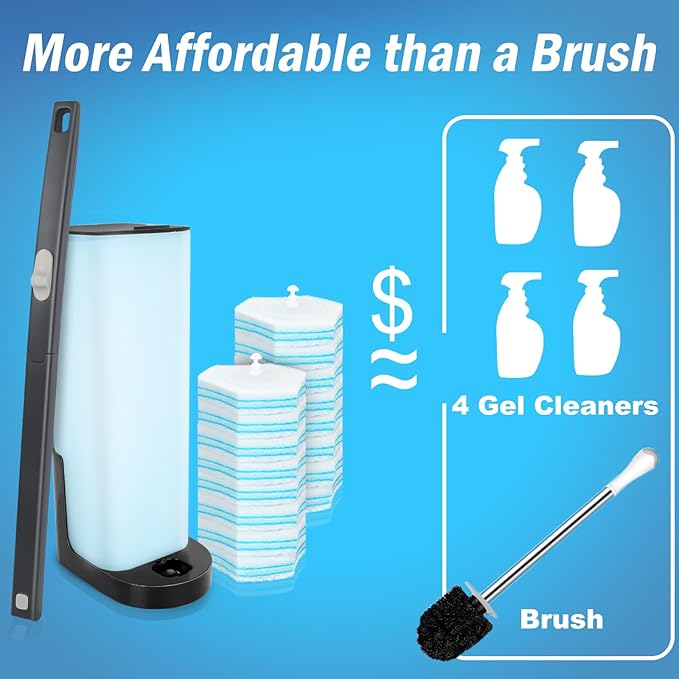 squish Disposable Toilet Brush with 16 Refills, Wall-Mounted No-Drill Adhesive Holder, Toilet Cleaning Kit for Bathroom - Space-Saving & Easy to Use