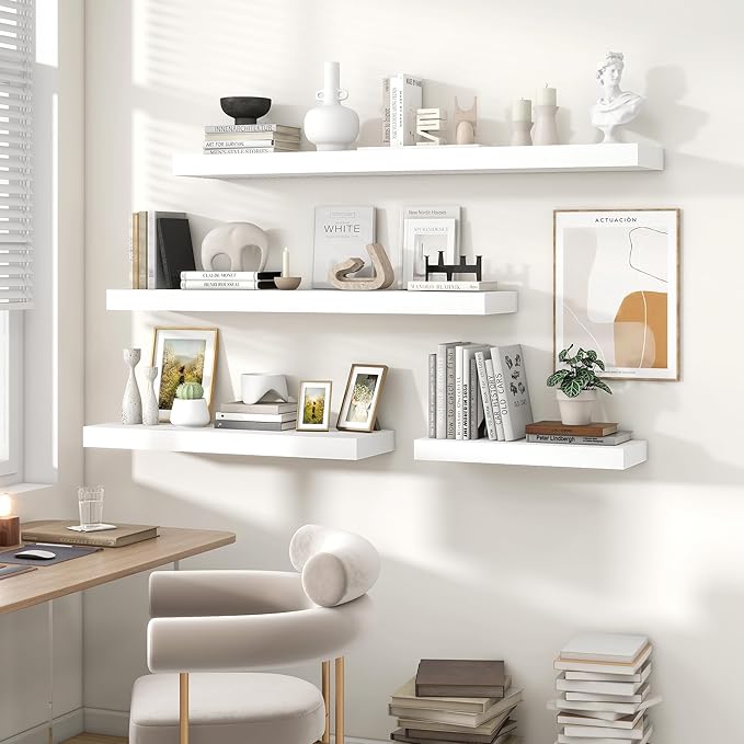 Heimlove 36 Inch Floating Shelves for Wall Set of 2,White Wall Shelves for Storage & Decor - Heavy Duty with Invisible Brackets,Perfect for Living Room,Bedroom,Home Office