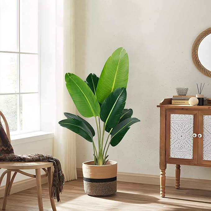 Artificial Bird of Paradise Plant 4Ft Fake Tropical Palm Tree with 8Trunks Faux Banana Leaf Trees in Pot for Home Indoor Outdoor Office Modern Decor Housewarming Gift(2Pcs)