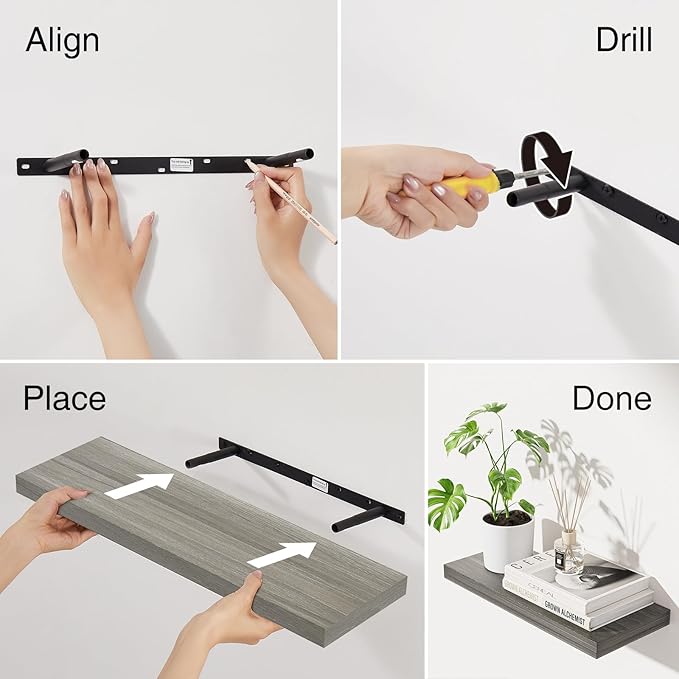 BAYKA Floating Shelves for Wall, 22.5 inches Wall Mounted Rustic Wood Shelves for Bathroom, Bedroom, Living Room, Floating Shelves for Books/Storage/Decor (Grey,Set of 3)