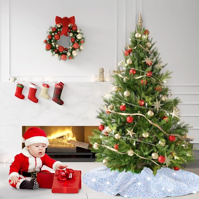 MODFUNS Sequin Christmas Tree Skirt Iridescent White Sparkle Tree Skirt 46 Inch Velvet Xmas Tree Mat Thick Bling Tree Skirt Christmas Decoration Shimmer Tree Cover Skirt for Merry Christmas Party
