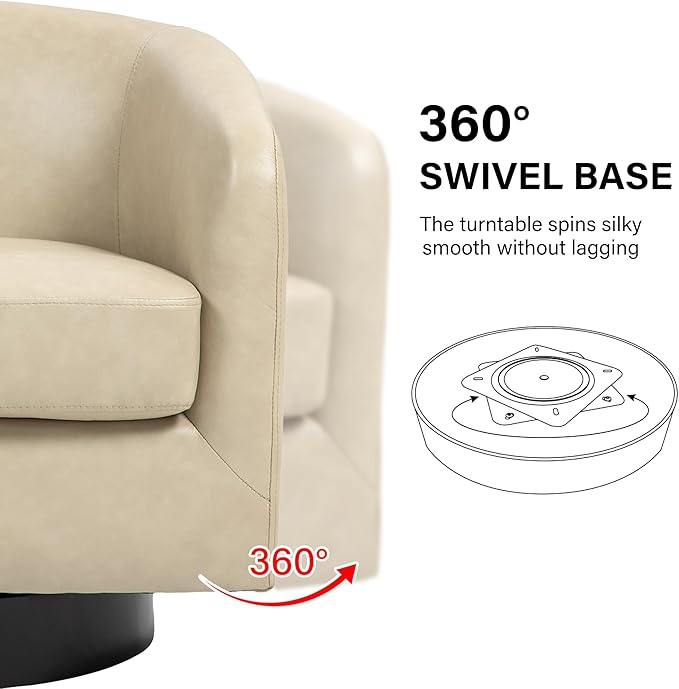 Swivel Barrel Accent Chair, Modern Round Faux Leather Arm Chair for Living Room, Bedroom, Comfy Club Reading Chairs for Adults, Faux Leather, Cream, Set of 1