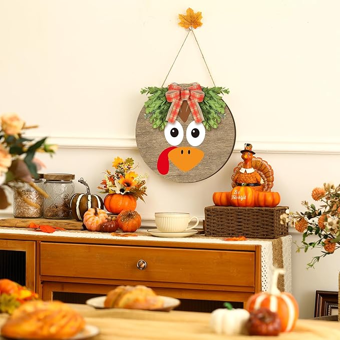 Boao 12 Inch Thanksgiving Door Decoration Turkey Wooden Sign for Front Door Decor Thanksgiving Sign with Bow Wall Art Hanging Wreath Decorations for Harvest Home Outdoor Farmhouse Porch Hanger
