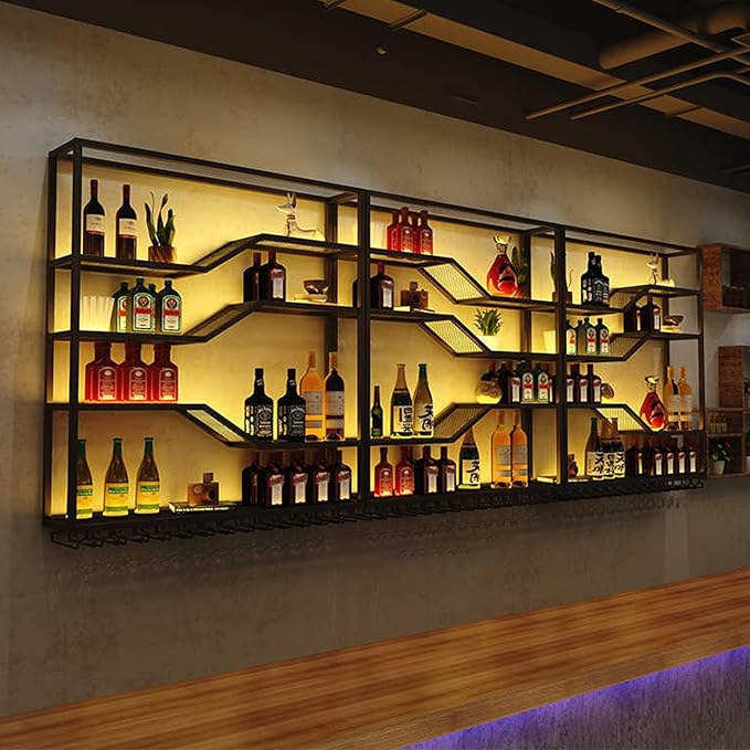 118in Wall Mounted Wine Rack with LED Light, 5-Tiers Liquor Bottles Display Shelf with Glasses Holder, Metal Home Bar Shelves with Industrial Iron Frame for Kitchen (Black, 118in/9.84ft)