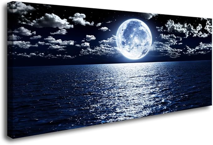 Cao Gen Decor Art S06950 Wall Art Canvas Prints Moon Sea Ocean Landscape 1 Panels Full Moon in Cloud Pictures Paintings Stretched and Framed for Living Room Bedroom Kicthen Office Artwork 20x40inch