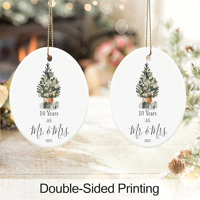 10th Anniversary Ornament Gifts for Couple, 10th Wedding Anniversary for 10 Year as Mr and Mrs Gifts, Ceramic Keepsake 10 Year Anniversary Christmas Ornaments with Ribbon and Box