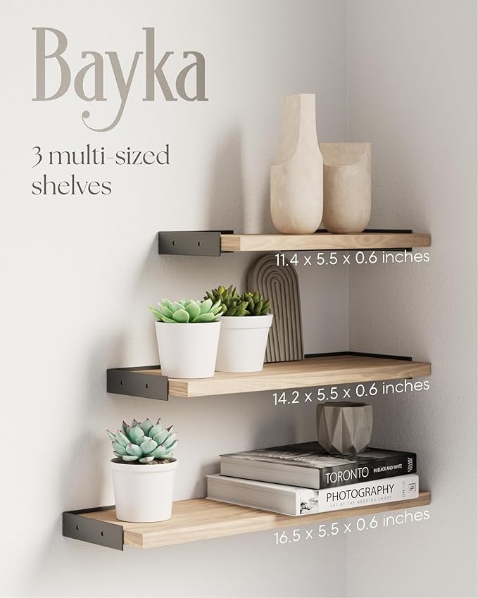BAYKA Wall Shelves for Bedroom Decor, Floating Wall Shelves for Living Room Kitchen Storage, Wall Mounted Rustic Wood Floating Shelves for Kids Books, Corner Shelves for Bathroom(Brown,Set of 3)