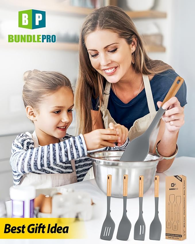 Pack of 4 Silicone Kitchen Utensils Set, Non Stick Solid Spatulas and Heat Resistant Slotted Spoons with Wooden Handle, Ideal BPA Free Cooking Utensils for Mixing,Serving,Turning,Stirring(GRAY)