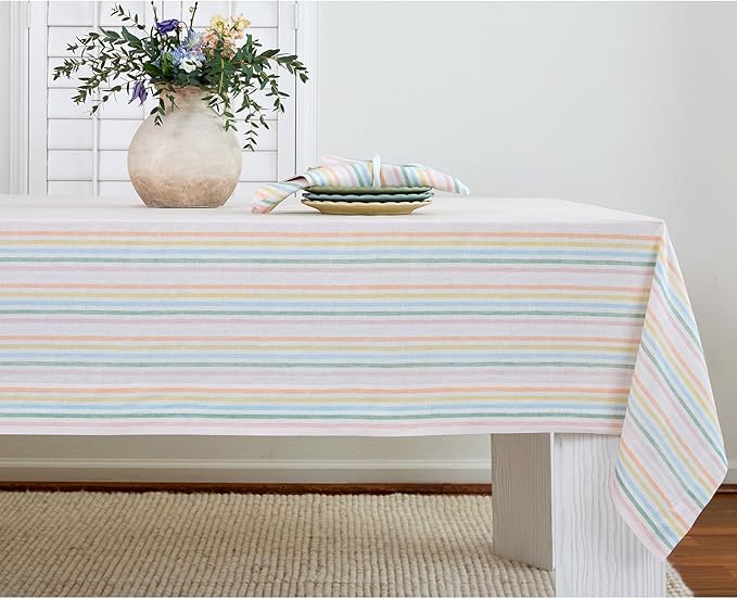 Solino Home Linen Striped Tablecloth 60 x 132 Inch - 100% Pure Linen Multicolor Muted Pastel Stripe Table Cloth for Rectangle Tables - Julia, Machine Washable Tablecloth