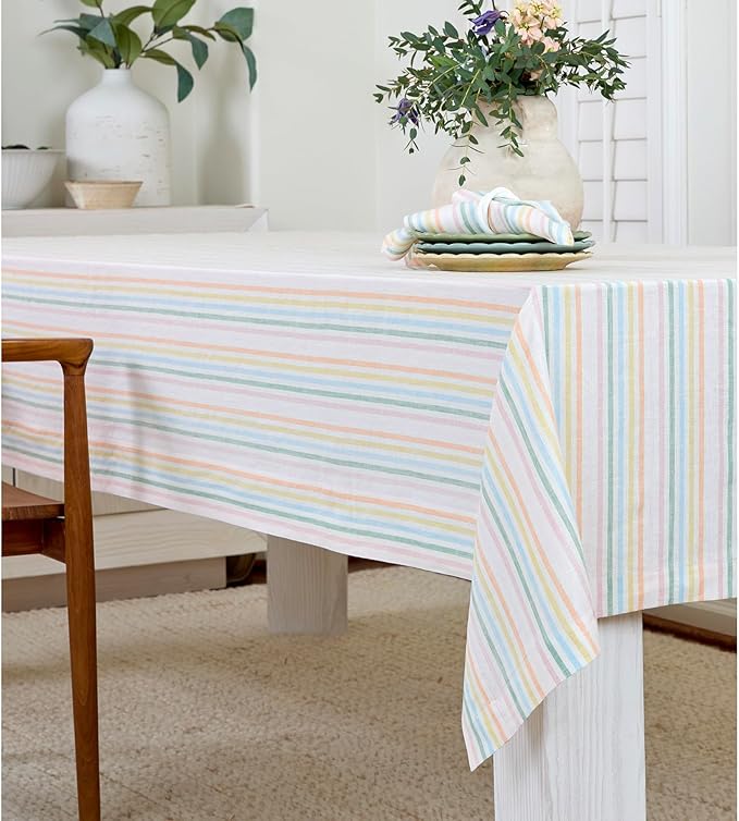 Solino Home Linen Striped Tablecloth 60 x 132 Inch - 100% Pure Linen Multicolor Muted Pastel Stripe Table Cloth for Rectangle Tables - Julia, Machine Washable Tablecloth