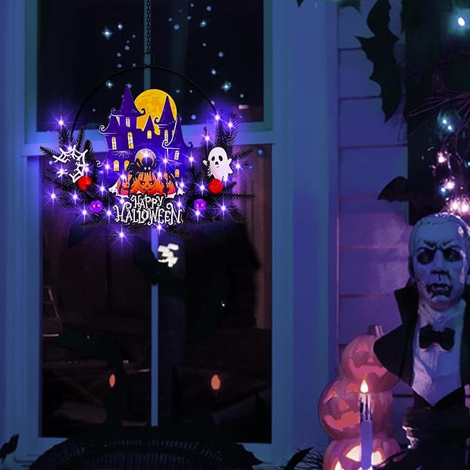 Lighted Halloween Wreaths for Front Door, Welcome Metal Wooden Door Wreath Decor Hanging Sign, 30 LED Lighted Wall Decor Battery Operated for Halloween Indoor Outdoor (Spider)