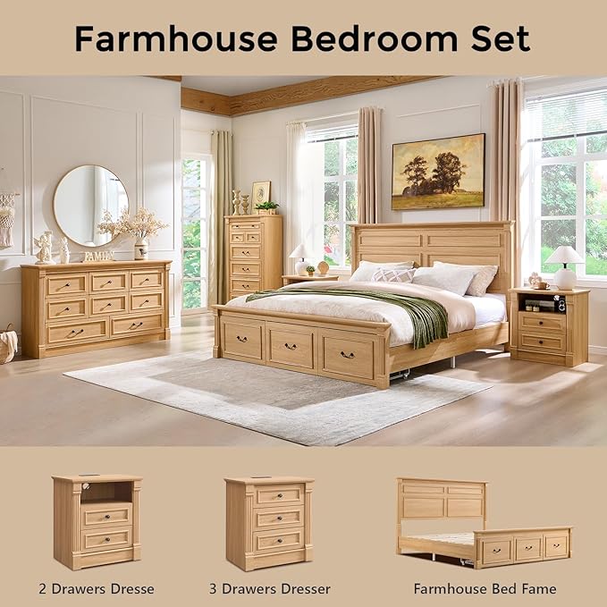 26" Tall Farmhouse Nightstand Set of 2, 3 Drawers End Table w/Charging Station, 23.6" Wide Large Side Table w/Roman Column, Wood Rustic Sofa Table for Bedroom, Natrual