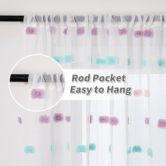 MYSKY HOME Pom Pom Sheer Curtains for Bedroom 72 Inch Length Long Rainbow Curtains for Dining Room Window Nursery Curtains Girls Kids Room 2 Pieces Rod Pocket Boho Farmhouse 52" x 72"