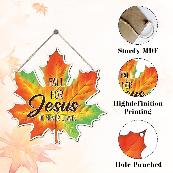 Maple Leaf Fall Decor, Fall for Jesus He Never Leaves Decor Sign Farmhouse Autumn Wreaths for Front Door Christian Jesus Hanger Sign Home Wall Autumn Halloween Thanksgiving Decoration