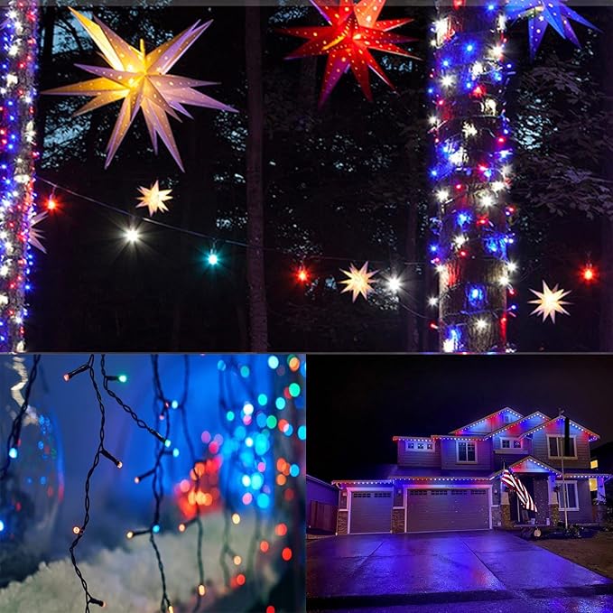 4th of July Decorations Outdoor, 4pk Red White and Blue Solar String Lights, 400LED 132FT LED Patriotic Light Waterproof, Solar Fairy Twinkle Light for Independence Day Yard Garden Tree Decorations
